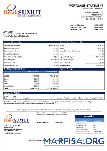 Downloadable Indonesia Bank Sumut mortgage statement Word and PDF template